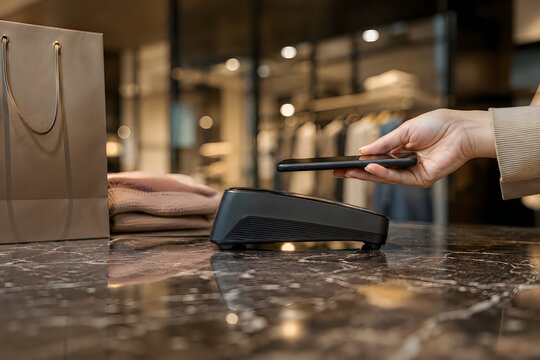 Person using a smartphone for contactless payment at a shop checkout counter with a card reader terminal