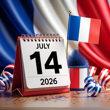 Desktop calendar marking July 14 with French flag colors and festive confetti in close-up view