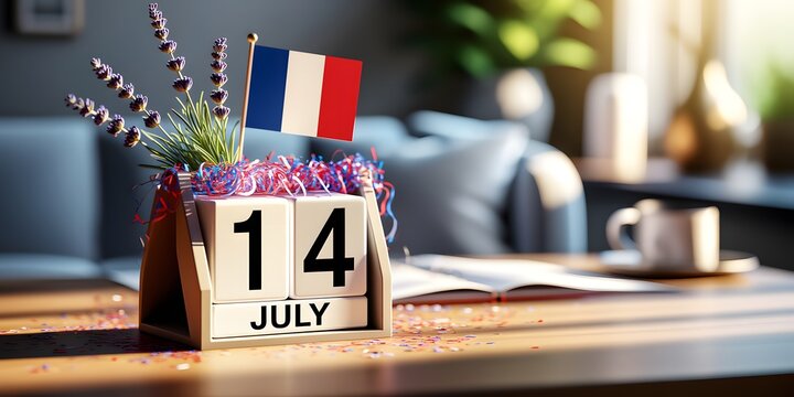 Desktop block calendar displaying 14 July with French flag and lavender flowers on wooden table