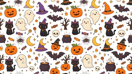 Fototapeta premium Seamless halloween pattern with pumpkins, ghosts, bats, and cats isolated on white background