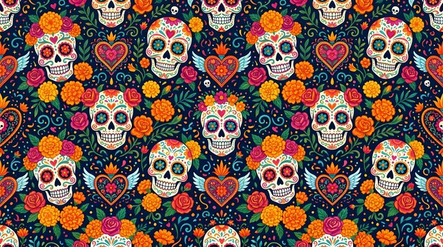 Seamless pattern with colorful sugar skulls and marigold flowers