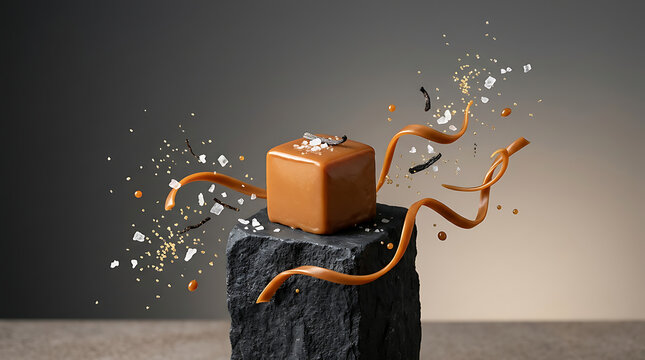 Single smooth caramel cube garnished with sea salt and vanilla bean floating on a textured black stone display pedestal base