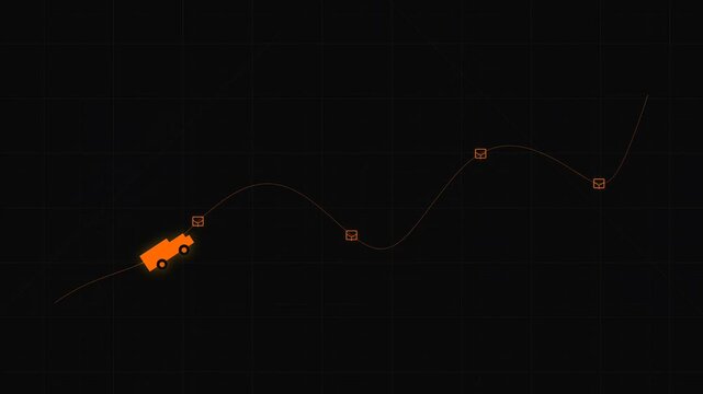 Neon delivery truck icon traveling along a glowing route on a dark city grid with waypoint package markers and motion trail. Ideal for logistics, delivery, supply chain, and transportation themes.