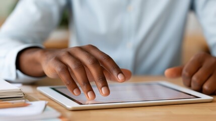 Fototapeta premium African American male student using tablet for educational purposes while seated at a wooden desk with papers and a plant in the background