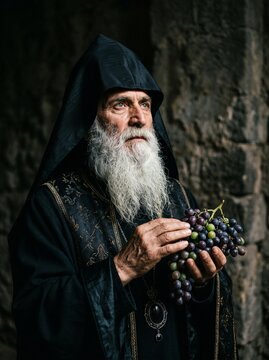 Dramatic Low Key Portrait of Armenian Archbishop Holding Grapes