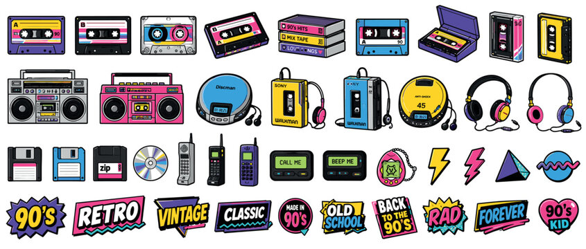 Vibrant set of 90s retro sticker icons featuring a boombox, cassette tapes, a portable music player, and old mobile phones in a fun and nostalgic cartoon illustration style