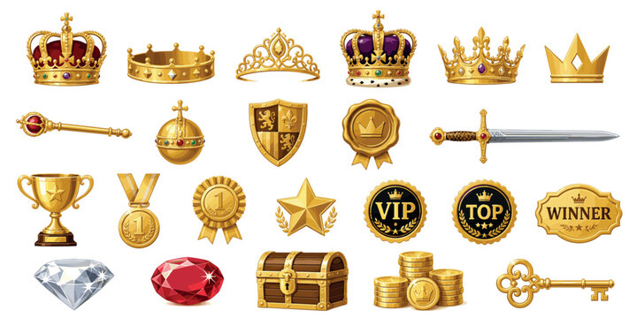 Set of golden royal and award icons featuring crowns, a scepter, medals, jewels, a sword, and a treasure chest, presented in a detailed and shiny illustrative style