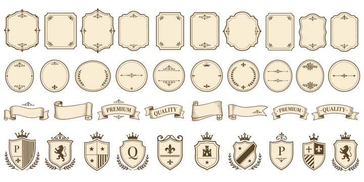Large collection of vintage heraldic elements including ornate frames, decorative labels, scroll ribbons, and classic crests with an elegant, retro engraved style