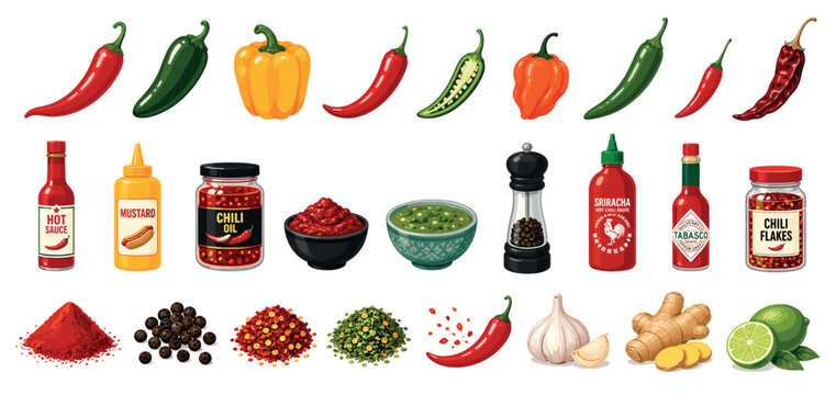 Large collection of spicy ingredients and condiments including assorted chili peppers, hot sauces, mustard, chili oil, spices, garlic, ginger, and lime in a vibrant illustrated set