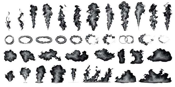 Large set of black smoke effect illustrations showing various plumes, puffs, rings, and clouds for creating cartoon animation sprite sheets and game assets