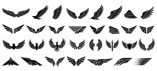 Fototapeta premium Collection of black wing silhouettes and emblems featuring various styles from realistic bird and angel wings to abstract, geometric, and aviation-inspired graphic icons