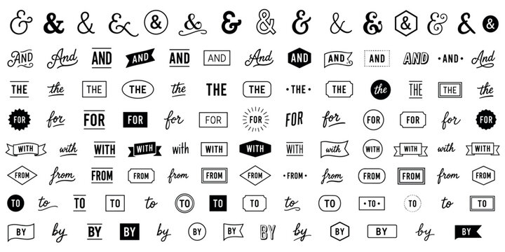 Large set of black typographic design elements with catchwords and ampersands in various vintage and modern styles, including script, handwritten, and sans-serif fonts