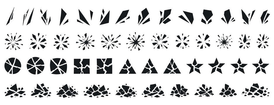 Large set of black silhouette icons showing various forms of shattering, cracking, and explosion effects, including broken geometric shapes, debris piles, and rubble
