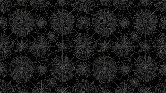 Seamless pattern with various sizes of white spider webs on black
