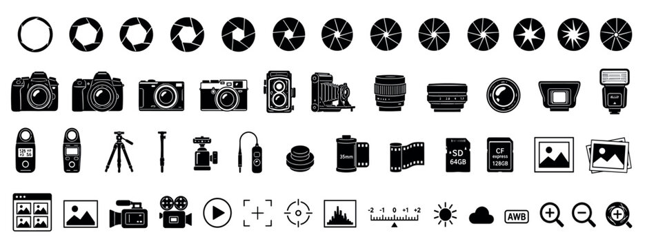 Large set of black photography icons showing cameras, lenses, aperture diagrams, film, memory cards, tripods, and user interface symbols in a clean glyph style collection