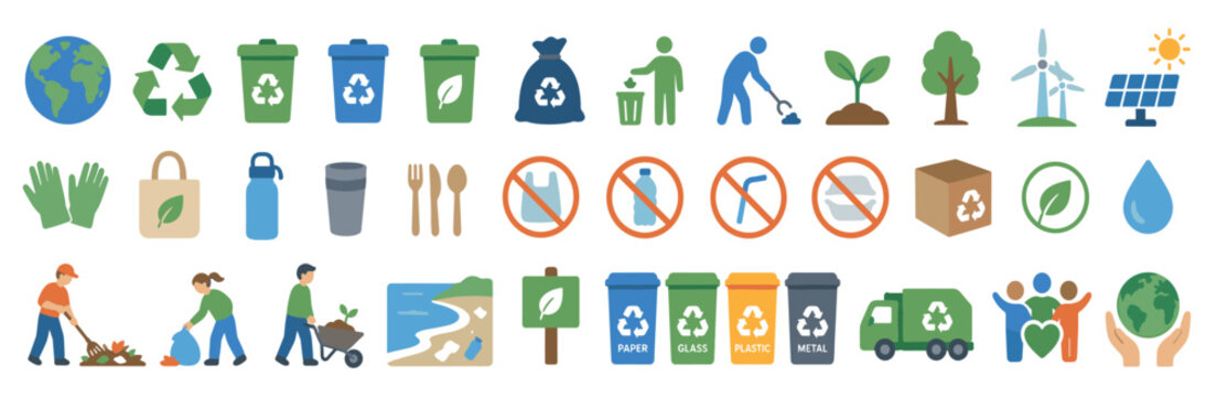 Large set of colorful flat icons representing ecology, recycling, sustainability, and environmental conservation concepts like zero waste, renewable energy, and cleanup