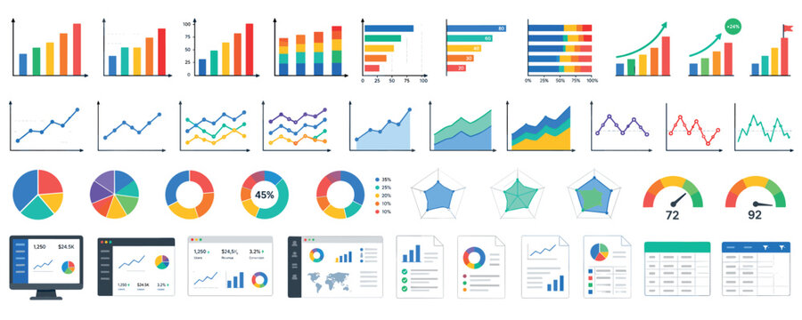 Large collection of colorful data visualization elements including charts, graphs, and dashboard interfaces for business analytics and statistical reporting in a modern flat style