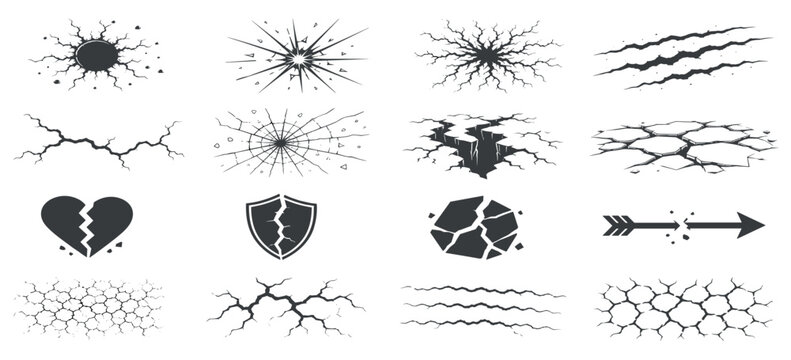 Set of black crack and damage icons showing ground fissures, broken glass, shattered stones, a broken heart, a broken shield, and a broken arrow in a graphic vector style