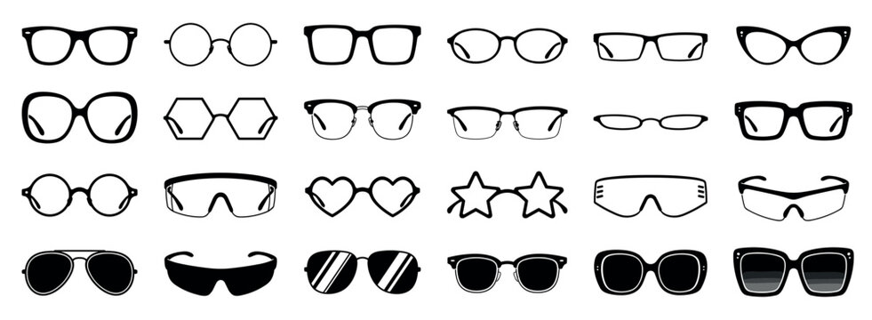Diverse set of black glasses and sunglasses silhouettes includes various styles like aviator, cat-eye, round, and novelty shapes in a flat graphic icon collection