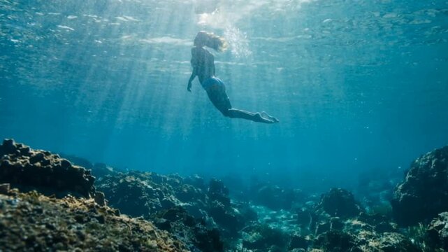  woman swimming diving in deep of ocean