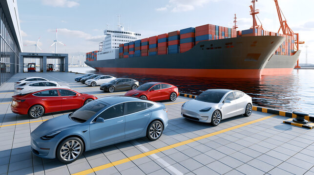 modern harbor with electric car exports, container vessel, customs gate, global trade network, ultra realistic stock photography