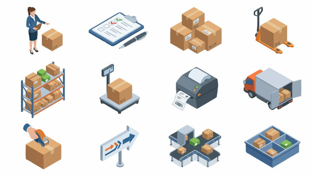 Isometric icons of logistics and warehouse management concepts.