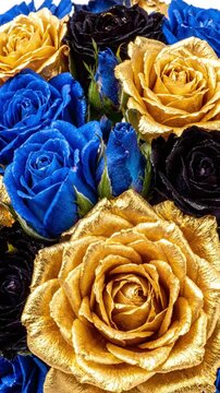 Macro close up of luxurious gold, blue, and black roses bouquet, cinematic floral footage.