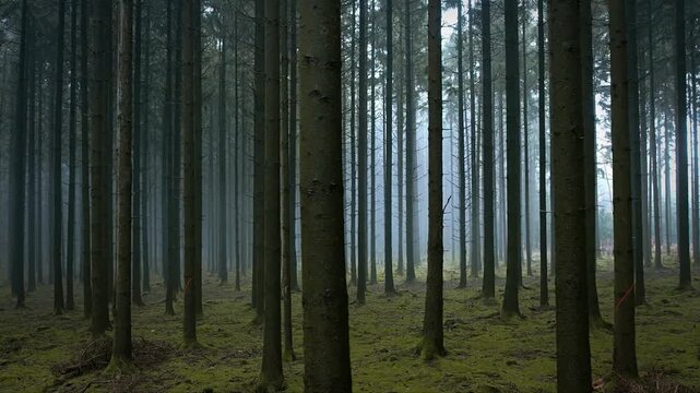 Slow lateral pan of symmetrical pine tree trunks in a green mossy forest covered in soft morning mist.