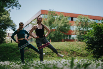 Obraz premium Two women perform standing leg exercises with resistance bands for fitness and strength. The pair train together outdoors on grass near an urban building, practicing balance and mobility.