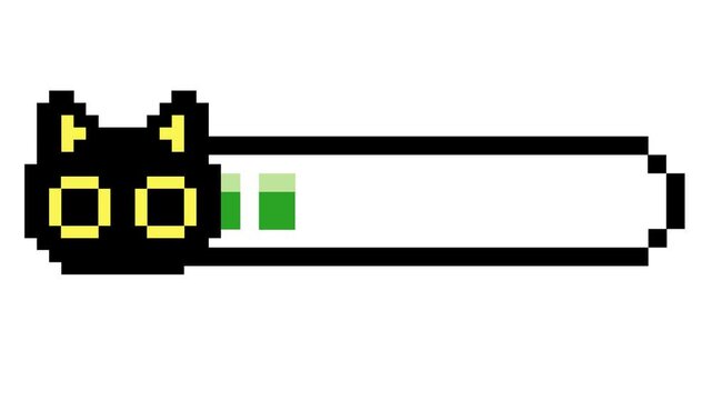 Pixelated black cat character serving as a vibrant game interface element, depicting progress or a health bar in a retro 8-bit style, ideal for gaming design projects