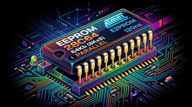 An Atmel EEPROM 28C64 64Kb (8Kx8) parallel memory chip on glowing circuit board.