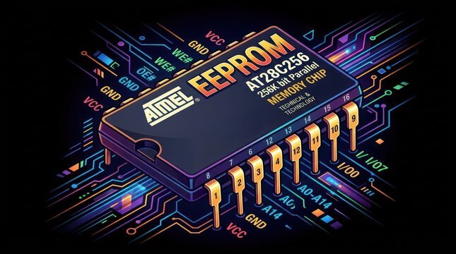 An Atmel EEPROM AT28C256 memory chip with 256k bit parallel data interface.