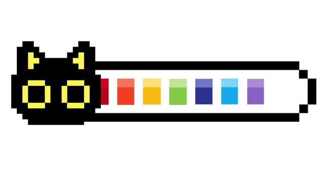 Charming pixel art black cat head status bar with vibrant rainbow fill, ideal for retro video game interface design elements and progress indicators