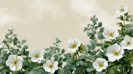 Obraz premium Floral arrangement featuring white flowers and green eucalyptus leaves on a soft beige background, ideal for funeral card memorial or remembrance design