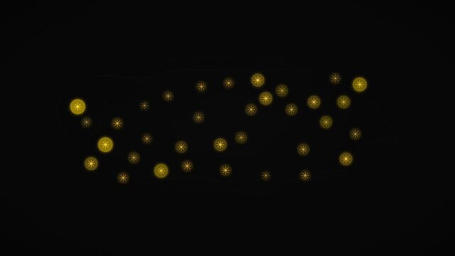 Electric gold revenue hotspot markers pulse across a dark USA map with rhythmic glow effects. Seamless loop for sales analytics, market intelligence, business performance, and data visualization.