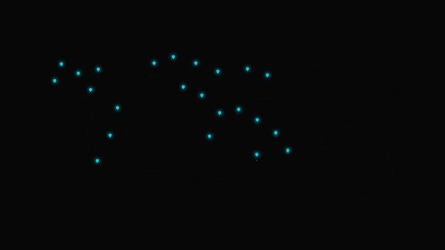 Glowing cyan location pins animate across a minimal world map with expanding ripple rings and soft pulse effects. Seamless loop for global presence, mapping, navigation, and location technology.