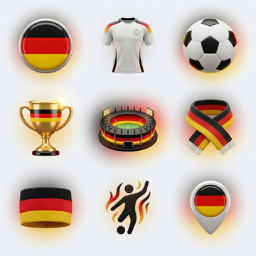 Set of 3D Icons Featuring German National Symbols for Football Sports Events and Fan Culture