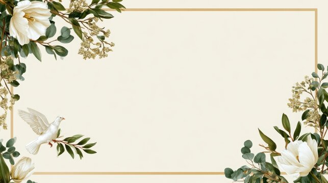Elegant funeral card design featuring white flowers, greenery, and a dove, framed by a golden border on a soft beige background for memorial remembrance