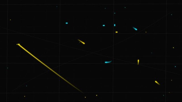 Neon taxi and rideshare vehicle icons moving across a glowing urban street grid with animated route trails on a dark map. Seamless loop for smart mobility, navigation, transport, and city planning.