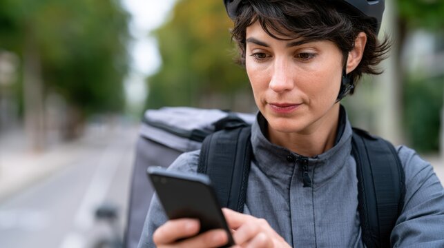 Delivery cyclist wearing helmet and gray jacket checks smartphone while standing on urban street with blurred trees and bicycle in the background