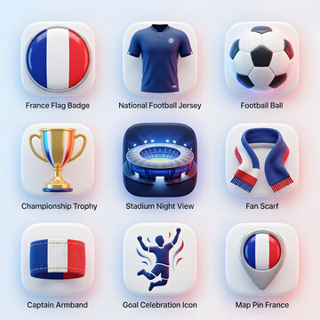 Collection of 3D French Football Sports Icons Featuring Trophies Stadiums and National Team Apparel