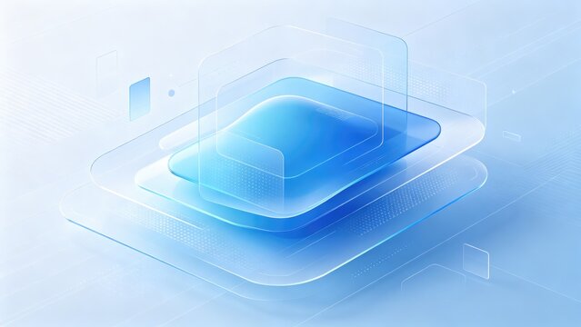 Abstract blue glass technology layers with futuristic digital interface and clean modern design, idea for AI innovation, software system, business presentation, and creative background design