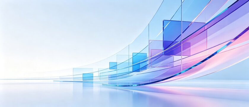 Futuristic transparent glass panels with colorful digital wave motion and abstract technology elements, idea for AI interface, innovation, software, and modern background design
