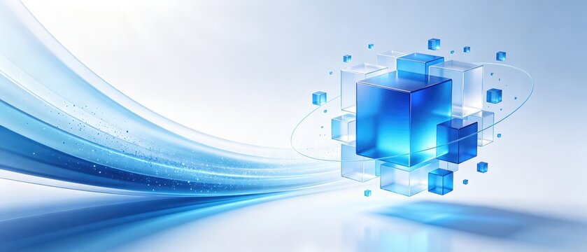 Blue futuristic glass cubes with flowing digital data streams and glowing particle technology effect, idea for AI network, cloud computing, innovation, and modern business background design