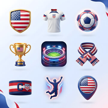 3D Isometric American Sports Icon Set Featuring Soccer Ball Trophy Jersey and National Symbols for Athletics Competition