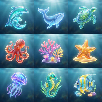 Glowing Neon Sea Creatures Collection Featuring Bioluminescent Marine Animals and Underwater Life Icons