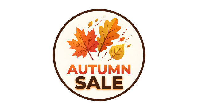 Autumn Sale Circular Badge with Falling Maple Leaves and Text Overlay