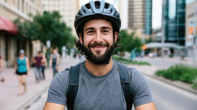 Male cyclist wearing a gray t-shirt and helmet smiles while riding on a bike lane in an urban environment with pedestrians and buildings in the background