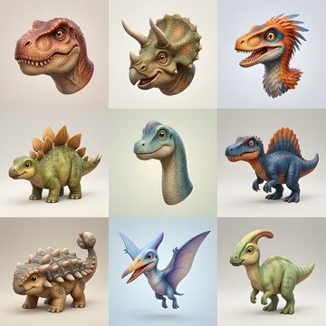 Collection of Cute Stylized Prehistoric Dinosaur Characters and Ancient Creatures in a 3D Digital Art Style