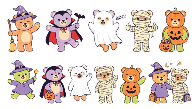 Adobe Ill Cute Halloween Teddy Bear Characters Set, Witch, Vampire, Ghost, Mummy, Pumpkin Costumes, PNG Collectionustrator Artwork